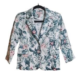 Laurie Felt Women's Size 2 Jacket/Blazer Linen Blend White Green Tropical Cruise